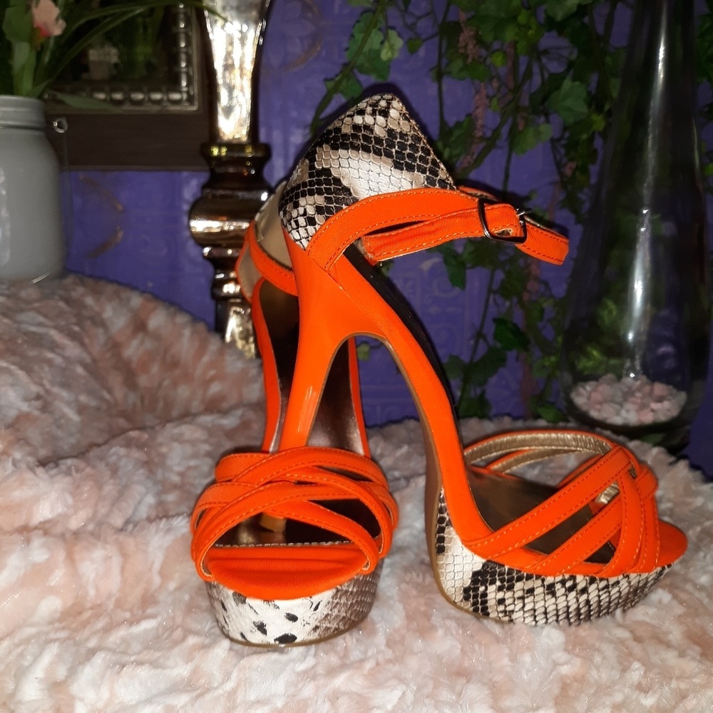 Vibrant Orange Snakeskin Shoes/ Heel